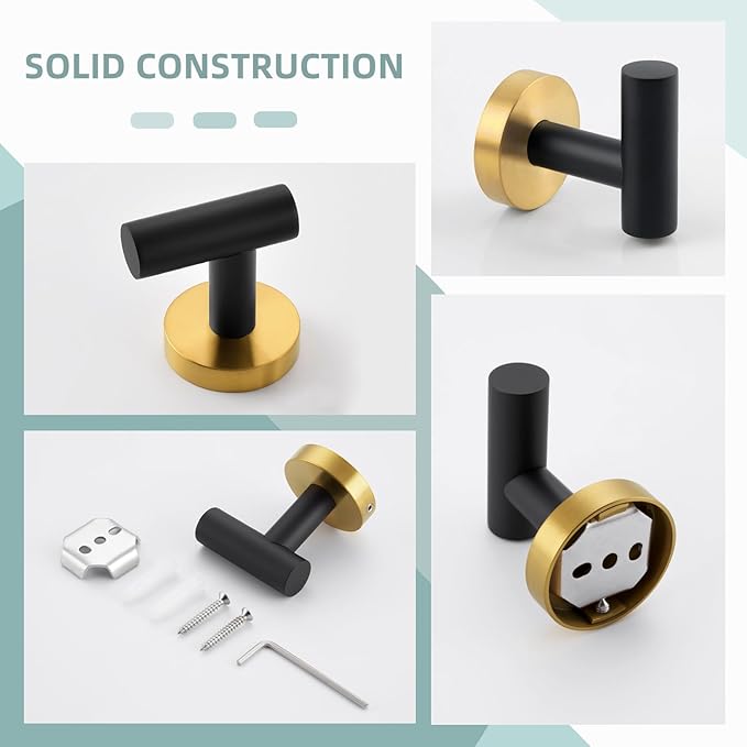 Angle Simple Towel Hook Black & Gold, Stainless Steel Bathroom Towel Holder, Round Clothing Robe Hook Wall Mount
