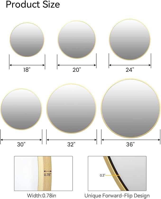 24 Inch Golden Circle Wall Mirror, Modern Round Metal Framed Mirror for Bathroom, Entryway, Living Room, Bedroom, Dining Room, Hallway, Decorative Home Décor, Easy Mount
