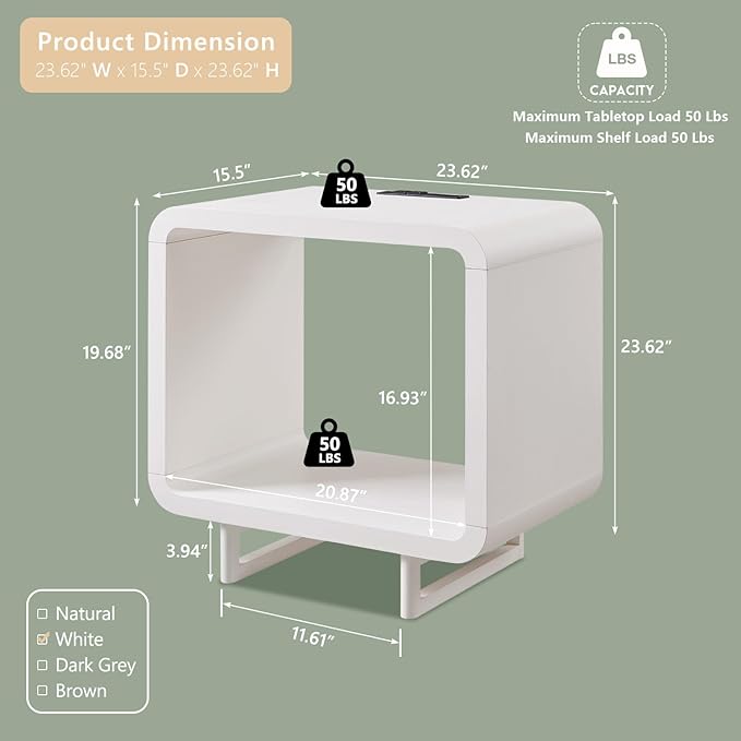 23.6" Modern End Table Set of 2, 2 Tier Side Table with Charging Station, Simple Bedside Table with Open Storage Shelf, Outlet, Wooden Nightstand for Bedroom, Living Room, Study, White