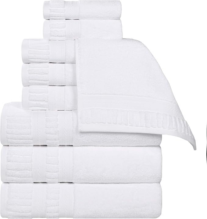 Superior Venice Zero Twist Cotton Medium Weight Towels, for Guest Bath, Bathroom, Shower, Spa, Plush Towels, Bath Essentials, Ribbed Textured Border, 9 Piece Assorted Towel Set, White