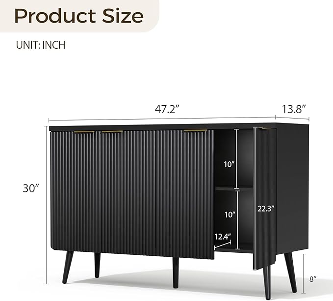 4-Door Fluted Sideboard Buffet Cabinet, 47" Large Storage Cabinet with Shleves, Wood Modern Accent Credenza Kitchen Table for Dining Room, Living Room & Entryway, Black