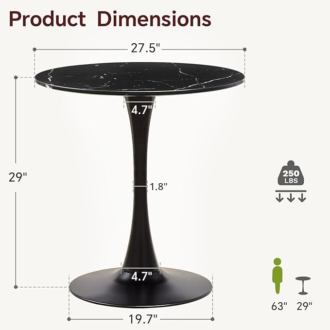 Small Space 27.5 Inch Black Faux Marble Round Tulip Dining Table - Mid Century Pedestal Base Kitchen Table for 2-4 People - Easy Assembly & Easy to Clean