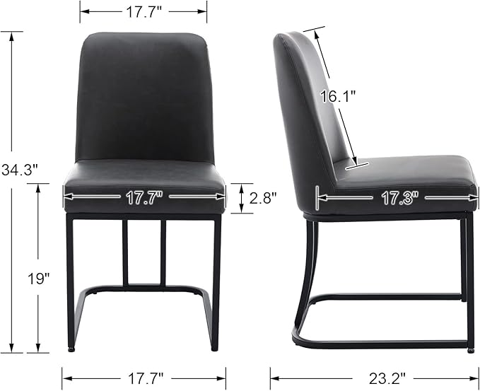 Charcoal PU Leather Dining Chairs Set of 4 Mid Century Modern Comfortable Dining Room Chair with Curved Backrest, Upholstered Kitchen Side Chairs with Black Metal Legs