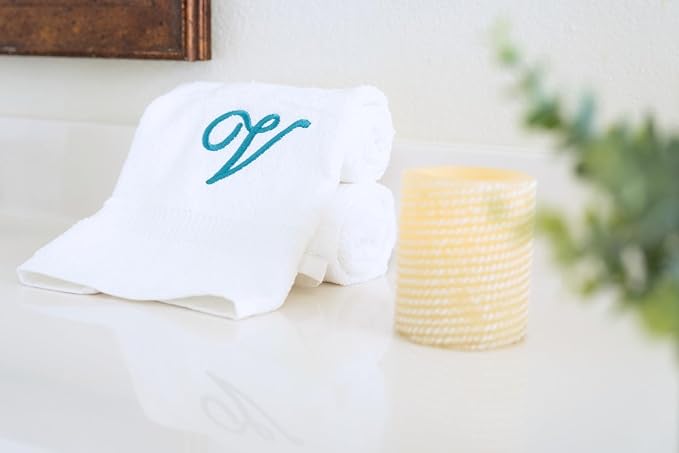 White Monogrammed Hand Towels for Bathroom - Luxury Hotel Quality Personalized Initial Embroidered Towel for Powder Room, Spa - GOTS Organic Certified - Set of 2 Teal Letter V