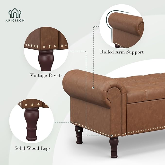 Apicizon 51” Bench with Storage, Upholstered Tufted Button Bedroom Bench with Storage, Faux Leather Ottoman Bench for Bedroom, Living Room, Entryway, Yellow Brown
