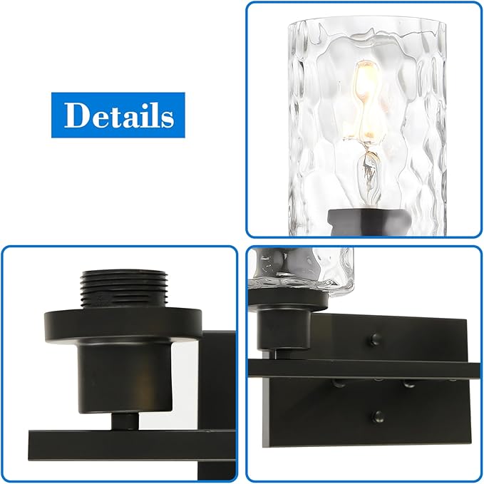 MELUCEE Indoor Wall Sconce Lighting 2-Light Matte Black with Clear Hammered Glass, Modern Bathroom Vanity Light Fixtures Wall Lamp for Mirror Cabinets Powder Room (Patent No.: US D963914 S)