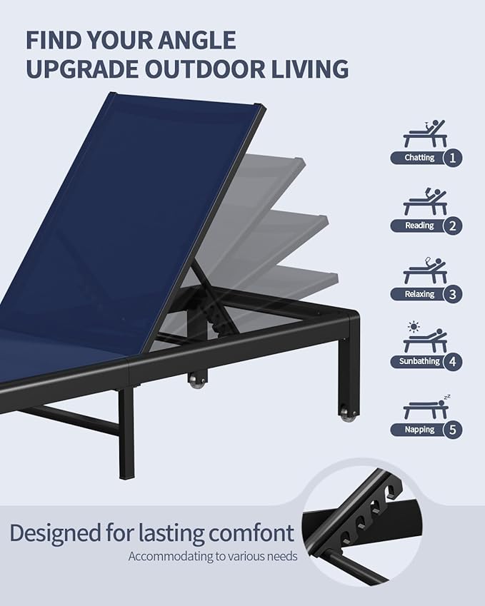 Aluminum Lounge Chairs Outdoor Chaise Furniture,2 Sets Patio Metal Deck Lounger Adjustable 5-Position Poolside Chase Recliner with Wheels for Beach,Coffee Table, (NavyBlue, 2 Chair＋Table)