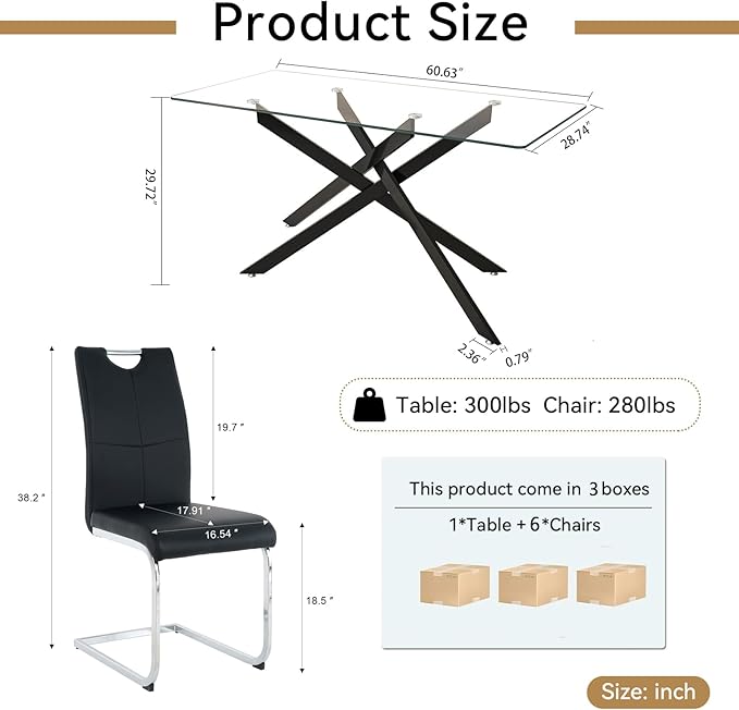 Modern Glass Dining Table Set for 6, Black Glass Kitchen Table and Chairs Set of 6, 7 Piece Dining Room Table Set with 61" Rectangular Metal Glass Dinner Table and 6 Black Leather Dining Chairs