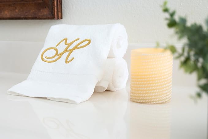 White Monogrammed Hand Towels for Bathroom - Luxury Hotel Quality Personalized Initial Embroidered Towel for Powder Room, Spa - GOTS Organic Certified - Pack of 2 Gold, Letter H