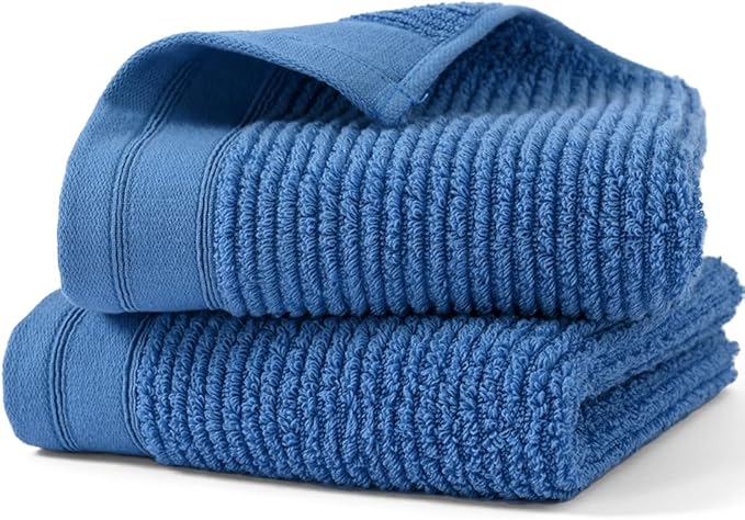 YiLUOMO 100% Cotton Blue Hand Towel Set of 2 Ribbed Striped Pattern Soft Absorbent Decorative Towel for Bathroom 13 x 29 Inch