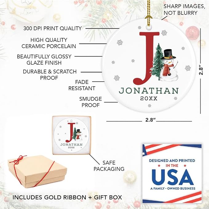 Andaz Press Personalized Ornament, Custom Name, Initial J Monogram Snowman 2.8" Ceramic Porcelain 2025 Christmas Ornament Keepsake for Kids, Boys, Girls, Initial Ornaments Monogram Ornament 1-Pack
