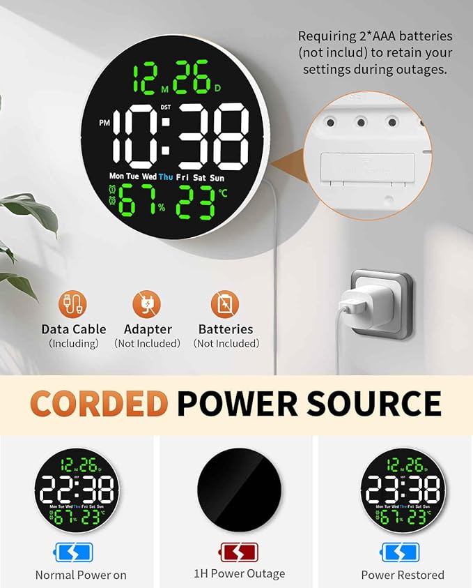 10 Inch Large Digital Wall Clock with 9 Color Changing Remote Control, Date Week Temperature, Auto Brightness Dimmer Big Clock with Night Lights,Green