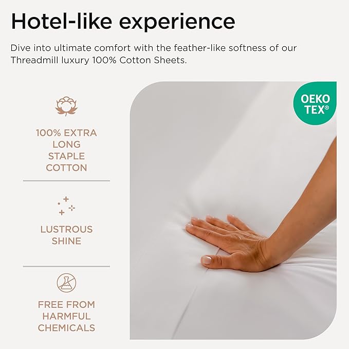 Threadmill 100% Cotton Sheets for Twin XL Size Bed - 600 Thread Count Twin XL Bed Sheets Set with 15” Deep Pocket - Sateen Weave 3-Piece Bedding Set with Cooling Effect, White