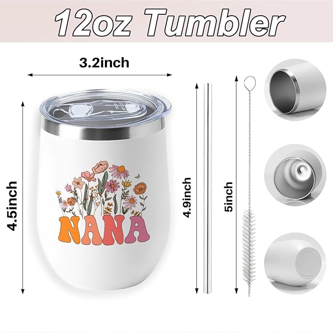 Nana Grandma Birthday Gifts Wine Tumbler 12 oz Insulated Wine Glass Cup with Lid Straw Vacuum Insulated Travel Cup,Grandma Gifts from Granddaughter for Women Grandmother Christmas Mothers Day