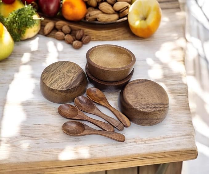 Set of 4 Small Round Acacia Wooden Bowls 2¾ Inch Diameter With Spoons - Stackable Mixing Bowl for Salad Soup Snack Salsa Dip Sauce Charcuterie Wood Tableware Sets for Decor and Serving