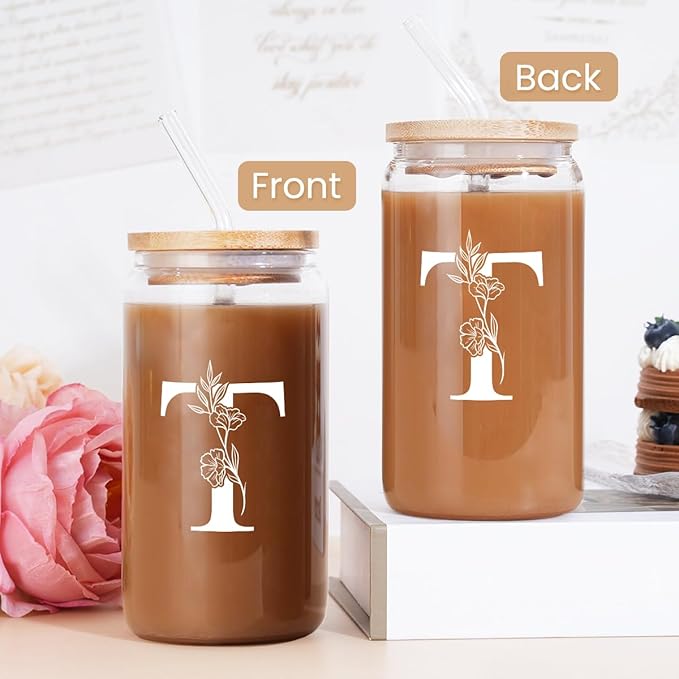 SANDJEST Monogrammed Gifts for Women - Monogram T Initial Glass Cup 16 Oz Can Coffee Cups with Lid and Straw - Monogram Initials Gifts for Womens on Birthday