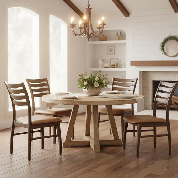 DUOMAY Farmhouse Dining Chairs Set of 4, PU Brown Upholstered Side Chairs Solid Wood Ladder Back Kitchen Chairs for Home Dining Room, Walnut Frame