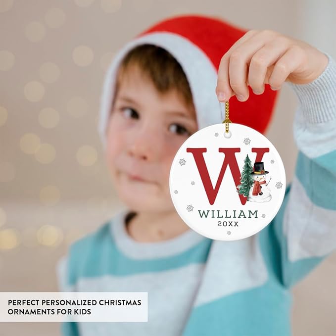 Andaz Press Personalized Christmas Ornament, Custom Name, Initial W Monogram Snowman 2.8" Ceramic Porcelain 2025 Christmas Ornament Keepsake for Kids, Boys, Girls, Initial Ornaments, 1-Pack