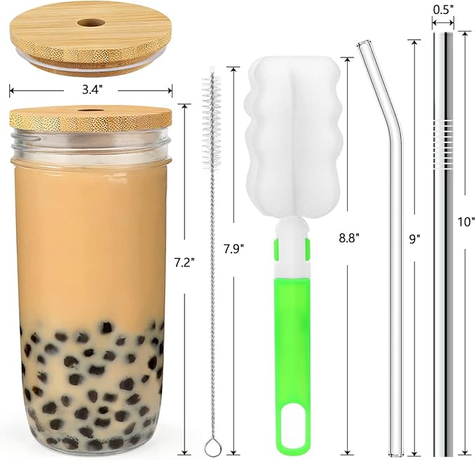 4-Pack 24oz Glass Cups with Lids and Straws - Wide Mouth Mason Jars, 12 Lids (Bamboo/Plastic) & 8 Straws - Reusable Tumblers for Smoothies, Iced Coffee