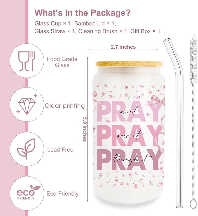 Pray on It Pray over It Pray Through It Prayer Glass Cup 16oz Christian Gifts for Women Inspirational Gifts for Women Cancer Care Gifts for Women Get Well Gifts for Women