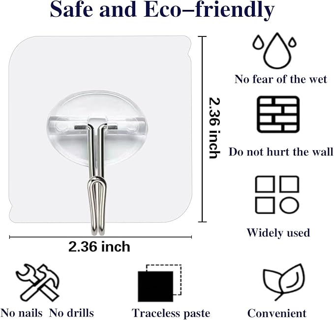100 Pack Adhesive Hooks Wall Hooks 24lb(Max) Heavy Duty Self Adhesive Hooks,Transparent Reusable Adhesive Wall Hooks for Hanging for Kitchens, Bathroom, Office