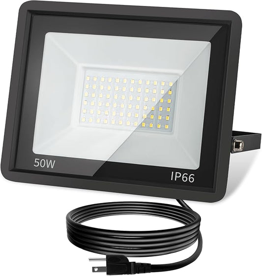 50W LED Flood Light Outdoor, 5000LM Super Bright Floodlight Outside Work Light with Plug, 6500K Daylight White LED Flood Light Outdoor, IP66 Waterproof Outdoor Flood Light-1Pack