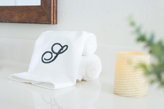 White Monogrammed Hand Towels for Bathroom - Luxury Hotel Quality Personalized Initial Embroidered Towel for Powder Room, Spa - GOTS Organic Certified - Pack of 2 Dark Gray, Letter S
