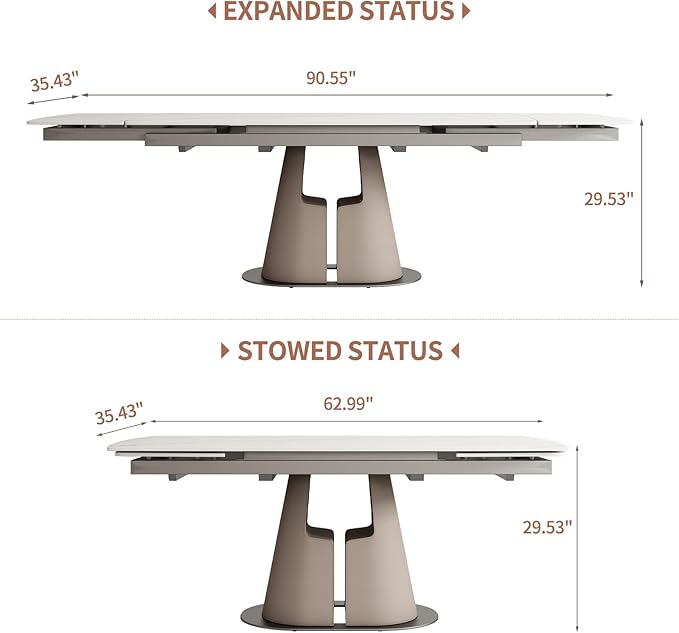 Modern Dining Table, Seats 8-10, Extendable Sintered Stone Dining Table, White Top, Saddle Leather Pedestal Table, 90 in.（1Table