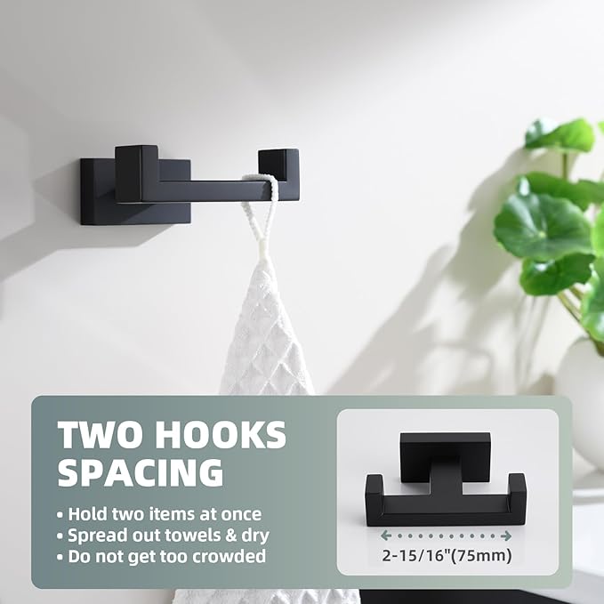 Suyar Double Towel Hook, SUS 304 Stainless Steel Coat Robe Hook for Bathroom, Hand Towel Holder, Matte Black
