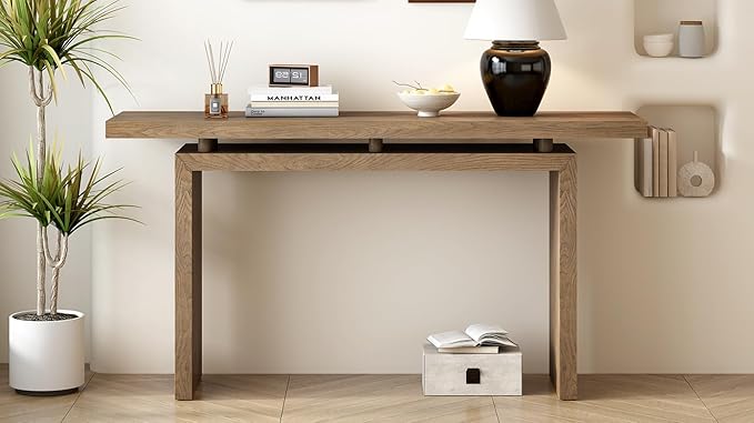 59" Modern Minimalist Console Table, Ash Veneer Entryway Table with Unique Floating-Top Design, Narrow Long Sofa Table for Hallway, Foyer & Living Room, Natural Wood Finish