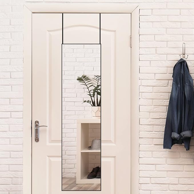 ANYHI Over The Door Mirror, 47" x 12" Black Full Length Mirror for Door, 2 Hooks, Aluminum Frame, Door Hanging or Wall Mounted for Bedroom Bathroom Checkroom