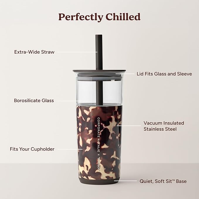 REDUCE Aspen 20 oz Vacuum Insulated Glass Tumbler with Lid & Extra Wide Straw - Keeps Drinks Cold for 12 Hrs - Ideal for Iced Coffee, Smoothies & Boba - Dishwasher Safe, Soft Base - Blonde Tortoise