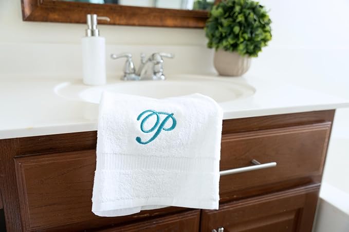 White Monogrammed Hand Towels for Bathroom - Luxury Hotel Quality Personalized Initial Embroidered Towel for Powder Room, Spa - GOTS Organic Certified - Set of 2 Teal Letter P