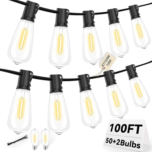 ST40 LED Outdoor String Lights 100FT with 50+2 Bulbs, E17 Socket, 0.6W, 2700K Warm White–Connectable for Garden, Backyard, Bistro, Patio, Porch, Deck, Gazebo, Party Decor