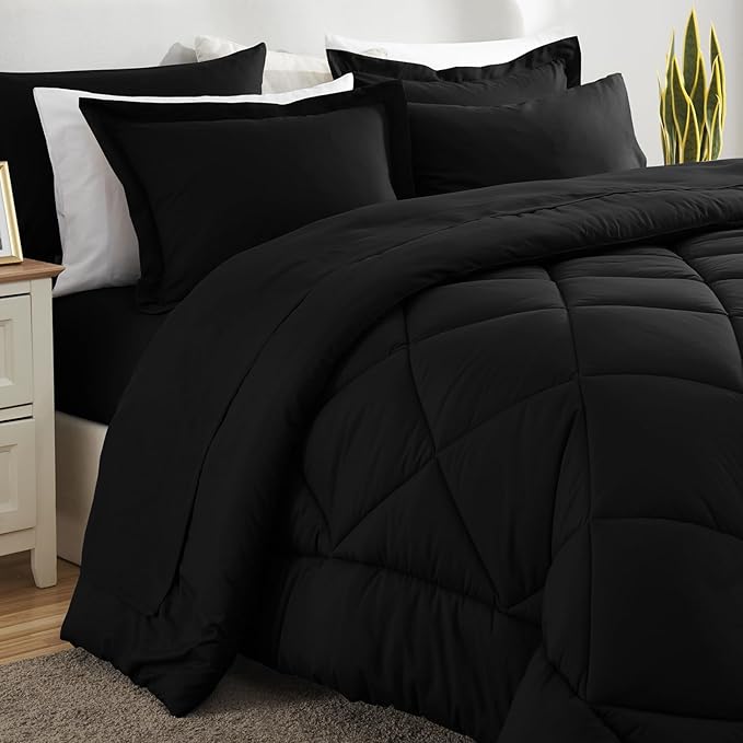 CozyLux Queen Comforter Set Black - Bed in a Bag Queen Size 7 Pieces, Luxury Soft Bed Set for All Seasons, Bedding Set with Down Alternative Comforter, Sheets, Pillowcases & Shams