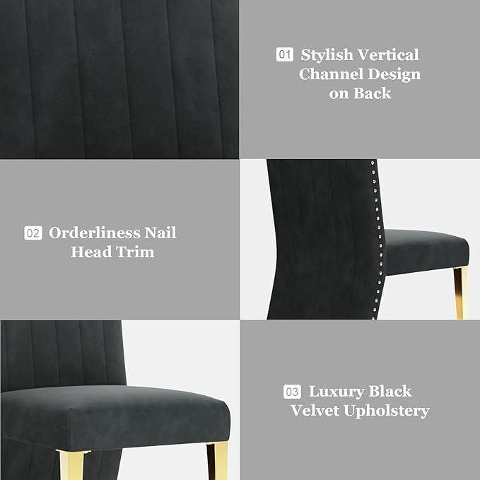 AUZ Black Velvet Dining Chairs Set of 2, Black and Gold Dining Chairs with Nailhead Trim and Polished Gold Legs, Gorgeous Upholstered Kitchen and Dining Room Chairs