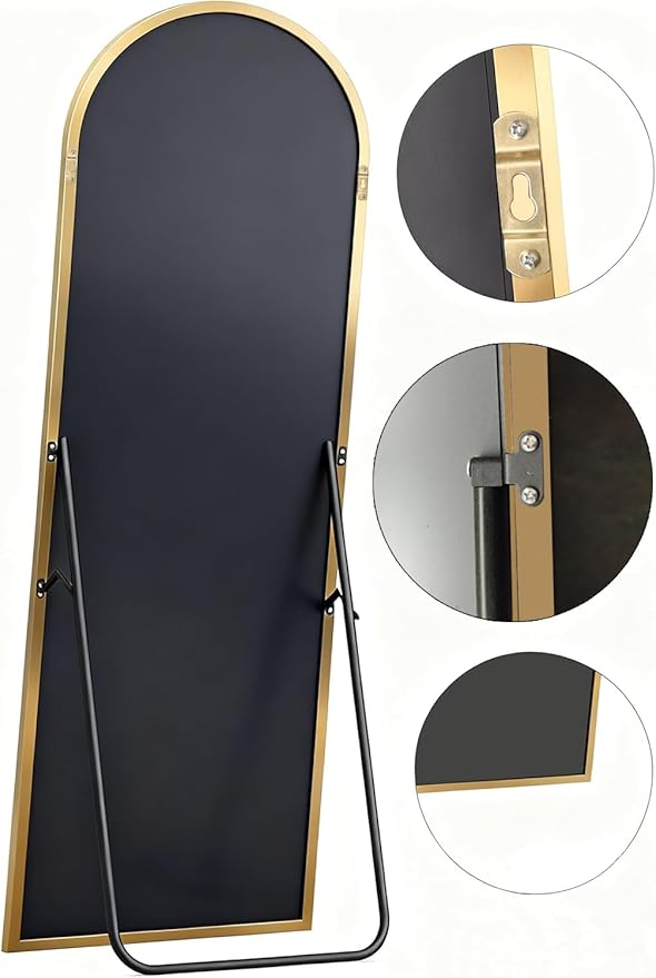 Arched Full Length Mirror, 64" L x 20" W Floor Mirror, Aluminum Alloy Frame, Shatterproof Glass - Free Standing, Leaning or Wall Mounted for Bedroom, Living Room, Entryway, Modern Home (Gold)