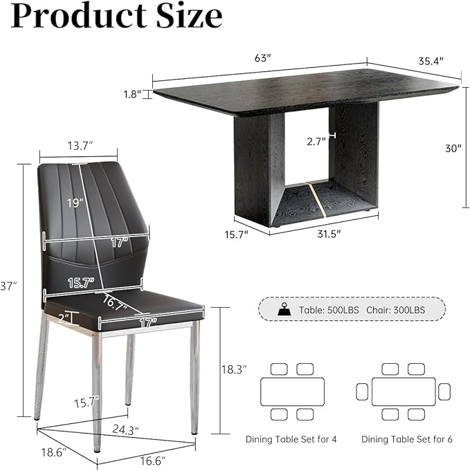 63" Modern Black Dining Table Set for 6 with Chairs, 7 Piece Rectangular Dining Room Table and 6 PU Leather Chairs, Kitchen Dining Set with Matte Wood Finish, Geometric Base, Easy Assembly