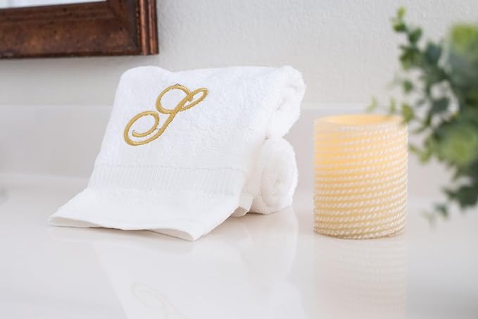 White Monogrammed Hand Towels for Bathroom - Luxury Hotel Quality Personalized Initial Embroidered Towel for Powder Room, Spa - GOTS Organic Certified - Pack of 2 Gold, Letter S