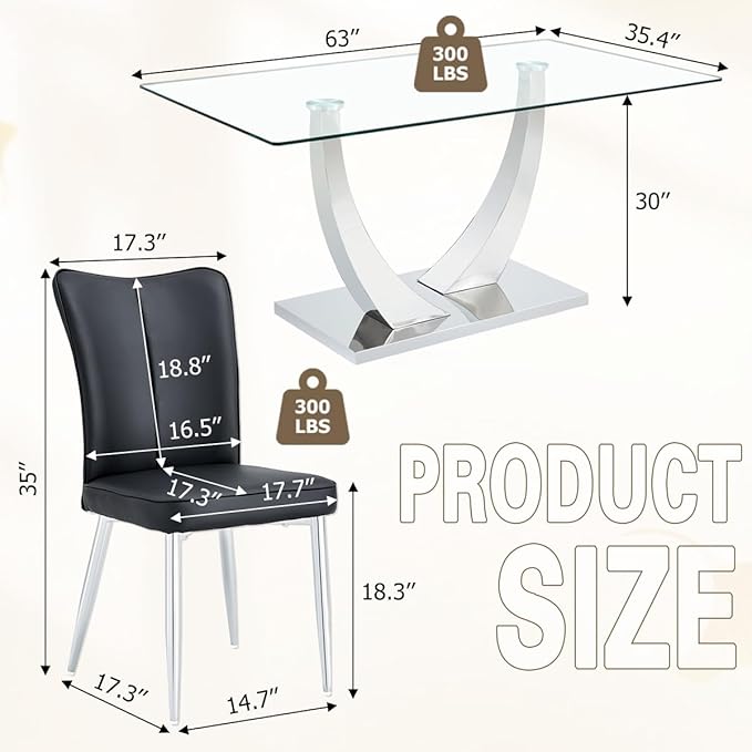 Glass Dining Table Set for 6,Dining Room Table Set for 6,Kitchen Table Set with 6 PU Leather Chairs,63'' Glass Dining Table Set with Silver U-Shaped Table Legs and Rectangular Base