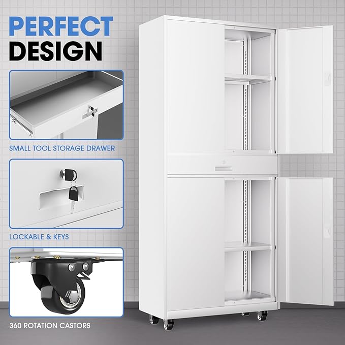 DNA Motoring 73'' Metal Storage Cabinet, Rolling Garage Cabinet with 1 Drawer and Adjustable Shelves, Lockable Heavy Duty Metal Locker for Garage,Office,Home,White, TOOLS-00630-WH-WH-A