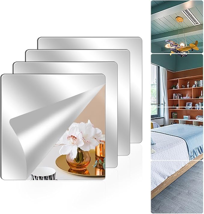 4 Pack Wall Mirror Full Length, 14 x 14 Inch Unbreakable Acrylic Mirror Tiles, Shatterproof Flexible Plastic Mirror Sheets for Bedroom Home Gym Door (4P 14"x14")