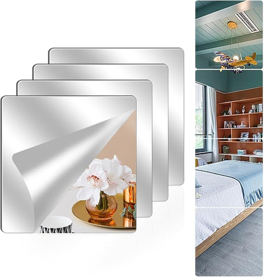 4 Pack Wall Mirror Full Length, 14 x 14 Inch Unbreakable Acrylic Mirror Tiles, Shatterproof Flexible Plastic Mirror Sheets for Bedroom Home Gym Door (4P 14"x14")
