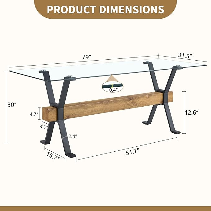 79" Glass Dining Table, Modern Kitchen Table, Modern Dining Table for 8, 0.4" Thick Tempered Glass Tabletop with Matte Black Metal Legs and Wooden Crossbar, Ideal for Dining Room, Kitchen