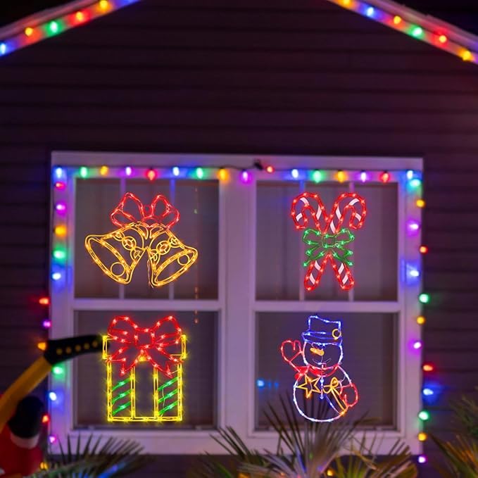 Christmas Decorations - 16" Christmas Window Silhouette Lights - 4 Pack Colour Lighted Gift Box ＆ Snowman ＆ Candy Cane ＆ Bell for Holiday Indoor and Outdoor Wall Door Window Decorate
