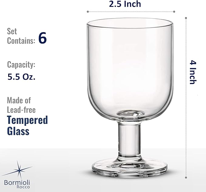 Bormioli Rocco Hosteria Set Of 6 Stackable Wine Glasses, 5.5 Oz. Goblet, Clear Tempered Glass, Made In Italy.