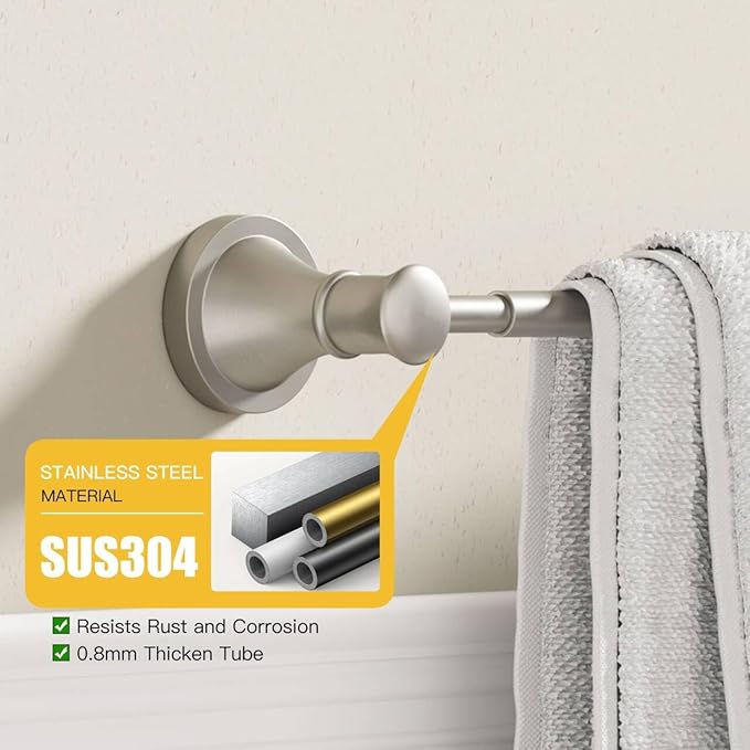 BESy Adjustable Bronze 16 to 26 Inch Bath Towel Bar Rack for Bathroom Towel Holder, Wall Mounted Towel Bar Rod Hanger Bathroom Hardware Accessories Hotel Style, Stainless Steel, Brushed Nickel