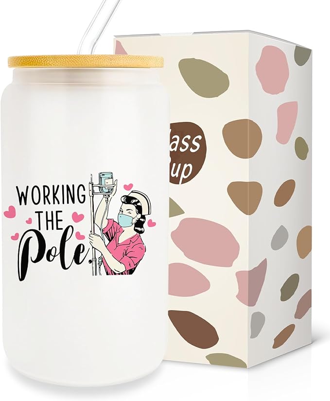 Funny Nurse Gift, Nurse Gifts for Women 16oz Glass Cup With Lid And Straw, Nurse Accessories for Work Nurse Supplies for Nursing Student Friends Sister Bestie Coworker Birthday