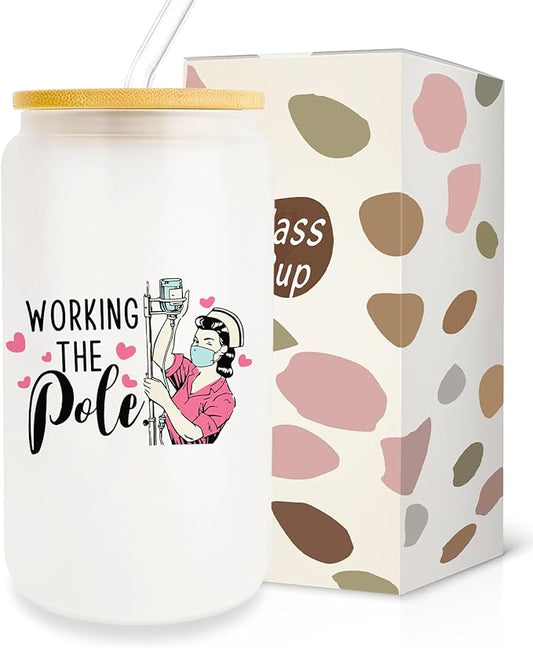 Funny Nurse Gift, Nurse Gifts for Women 16oz Glass Cup With Lid And Straw, Nurse Accessories for Work Nurse Supplies for Nursing Student Friends Sister Bestie Coworker Birthday