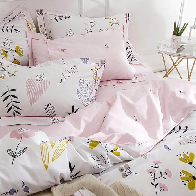 Girls Boho White Pink Floral Duvet Cover Queen Bedding Sets Cotton Comforter Cover Chic Flower Branches Bedding Sets with 2 Pillowcases